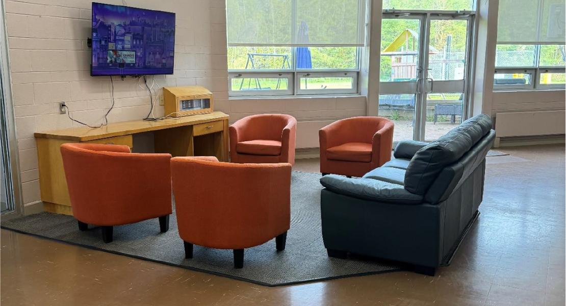 Spacious room with bright furniture on a grey rug, wooden desk, TV, and large windows with double doors. 