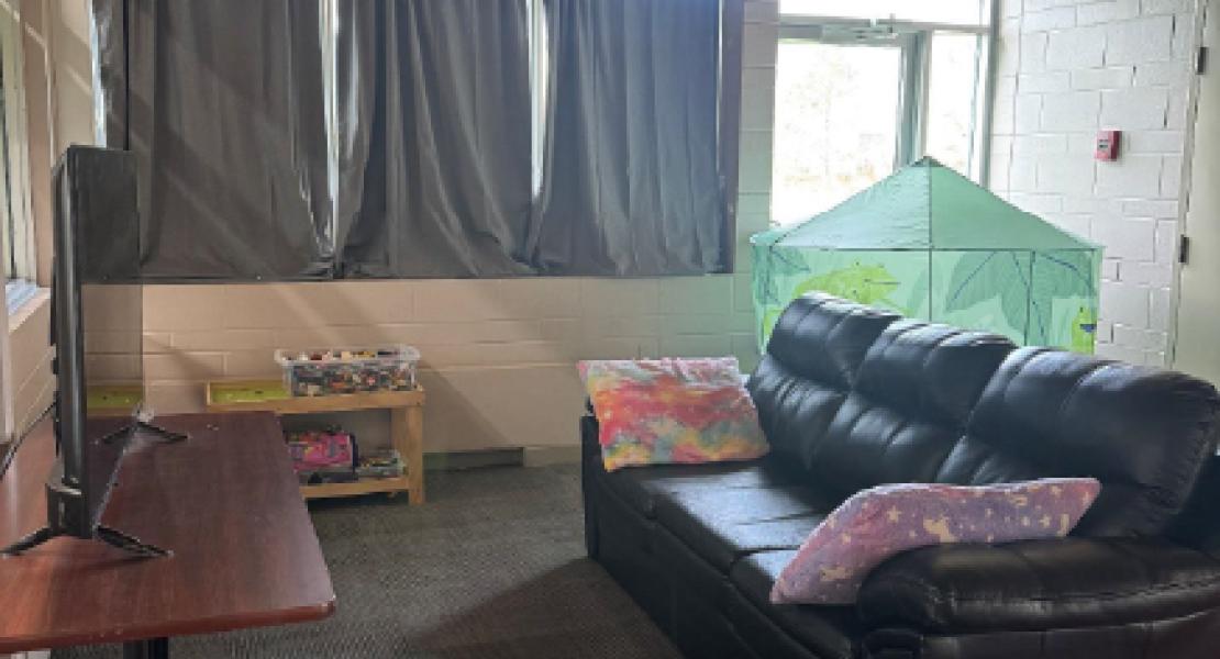 Small sitting area with curtained windows, a play tent, blocks and other toys, a black leather couch and a tv on a brown desk 