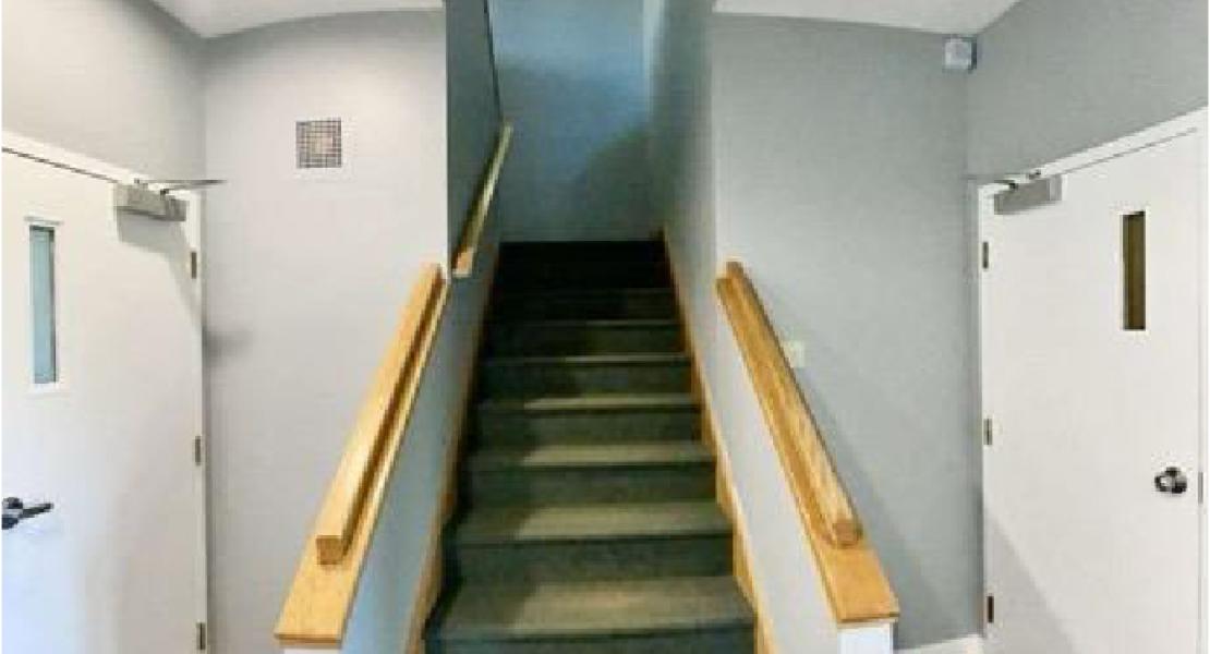 Stairwell with green carpet, light walls, wooden handrails, and doors on both sides of the lower hallway
