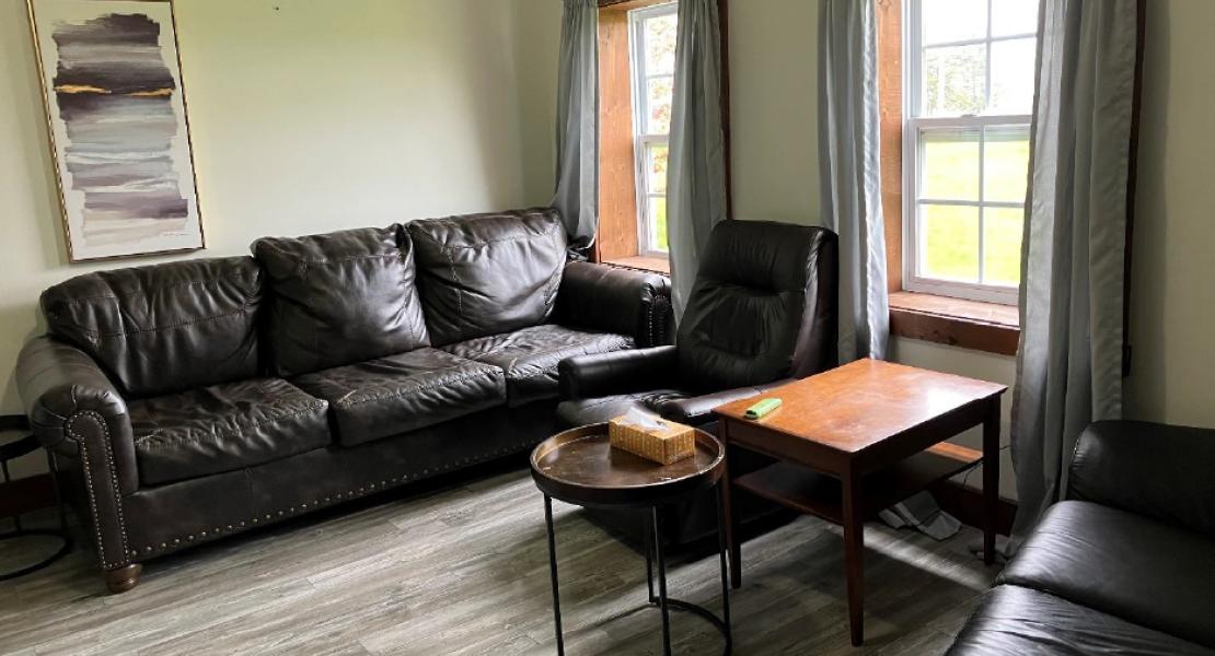 Sitting area with two leather couches, a leather chair, two tables, a painting, and two small windows with light gray curtains 
