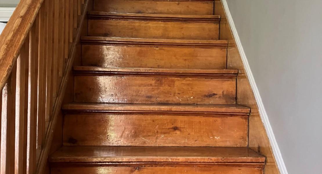 An oak wood staircase that leads to the second floor with a window and plant at the top landing.  