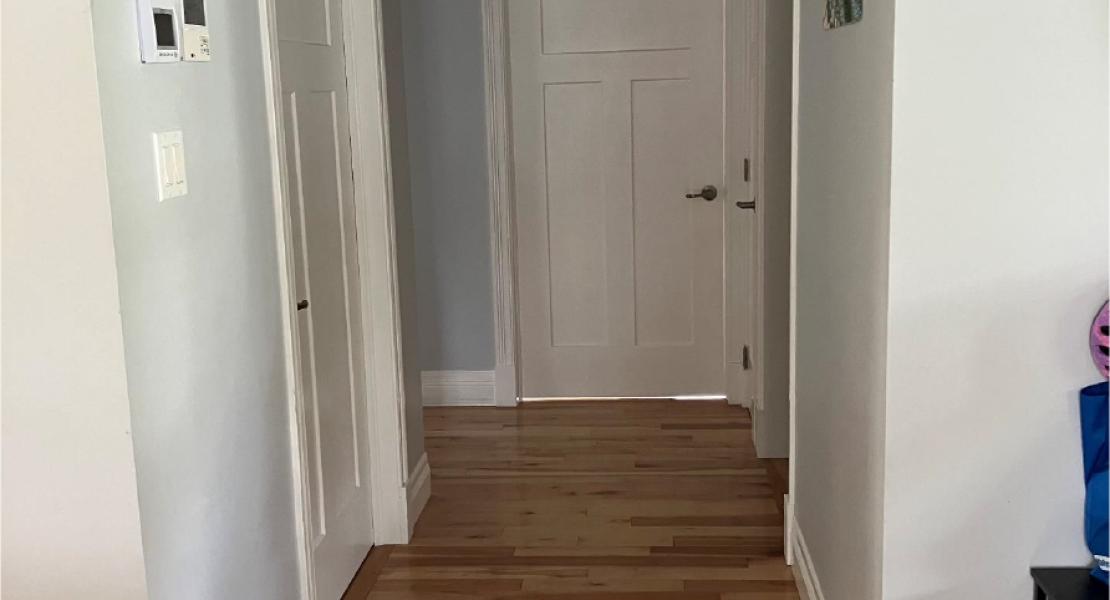 Hallway with wood flooring, light-colored walls, several doorways, and a closed door at the end. 
